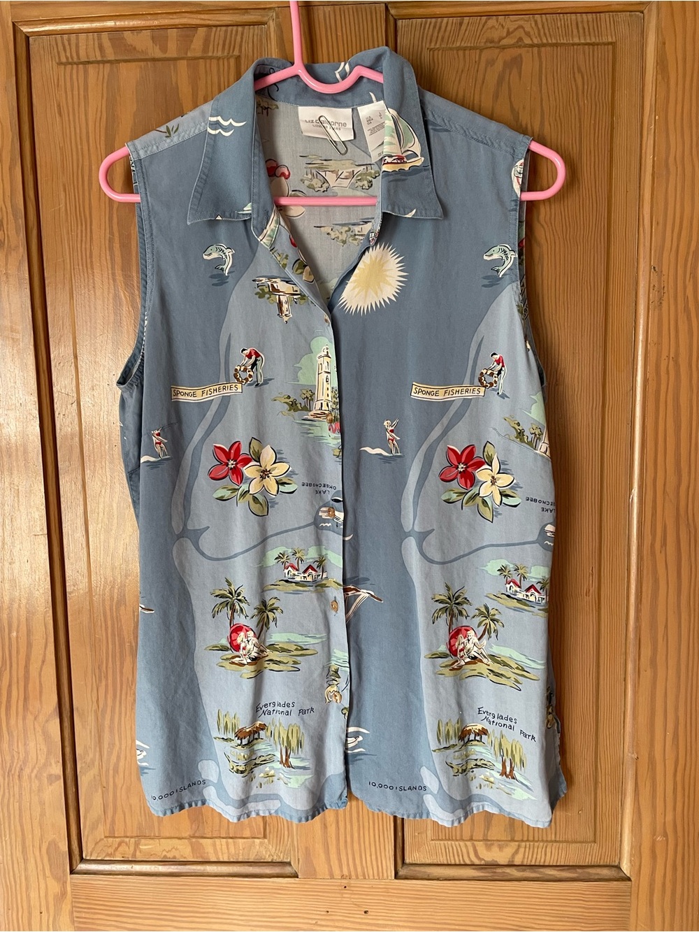 Liz Claiborne Sleeveless Silk Hawaiian Shirt, Size Large, Florida Theme